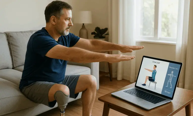 A middle-aged man with a prosthetic leg does guided home rehab exercises while following instructions on a tablet with AI motion tracking in a bright, modern living room.