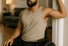 Man in a wheelchair does a shoulder stretch against a doorway, wearing a beige tank top and black pants in a cozy living room.