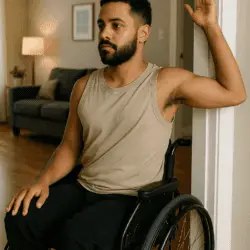 Man in a wheelchair does a shoulder stretch against a doorway, wearing a beige tank top and black pants in a cozy living room.