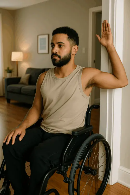 Man in a wheelchair does a shoulder stretch against a doorway, wearing a beige tank top and black pants in a cozy living room.