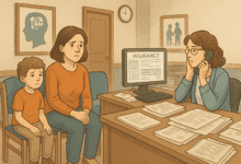 Illustration of a therapy clinic waiting room in the U.S. A parent and their Autistic child sit side by side, both looking concerned. A staff member sits behind a desk on the phone, surrounded by paperwork, with a computer screen displaying the word “INSURANCE.” The scene conveys a sense of delay and quiet frustration.
