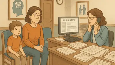 Illustration of a therapy clinic waiting room in the U.S. A parent and their Autistic child sit side by side, both looking concerned. A staff member sits behind a desk on the phone, surrounded by paperwork, with a computer screen displaying the word “INSURANCE.” The scene conveys a sense of delay and quiet frustration.