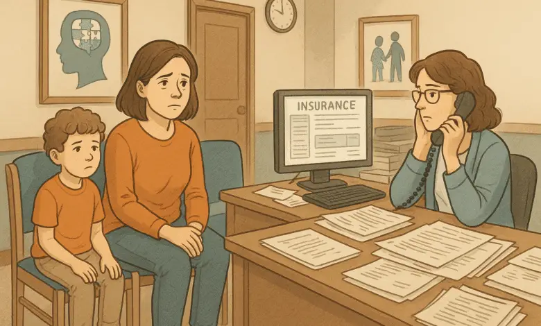 Illustration of a therapy clinic waiting room in the U.S. A parent and their Autistic child sit side by side, both looking concerned. A staff member sits behind a desk on the phone, surrounded by paperwork, with a computer screen displaying the word “INSURANCE.” The scene conveys a sense of delay and quiet frustration.