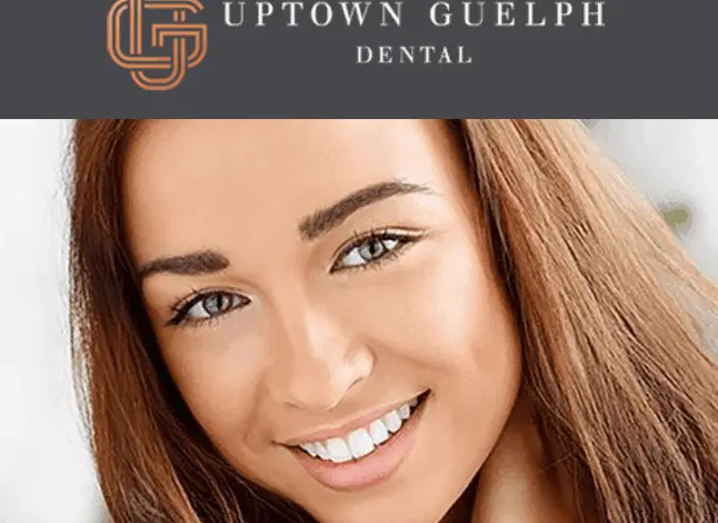 Smiling woman with straight white teeth, with “Uptown Guelph Dental” logo above her head.