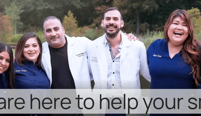 Six smiling dental staff in navy and white coats standing arm-in-arm outdoors, with text reading “We are here to help your smile.”