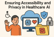 Illustration showing a smiling person waving beside icons representing accessibility, data privacy, and healthcare AI. Text reads: "Ensuring Accessibility and Privacy in Healthcare AI."