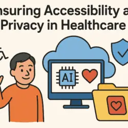 Illustration showing a smiling person waving beside icons representing accessibility, data privacy, and healthcare AI. Text reads: "Ensuring Accessibility and Privacy in Healthcare AI."
