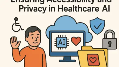 Illustration showing a smiling person waving beside icons representing accessibility, data privacy, and healthcare AI. Text reads: "Ensuring Accessibility and Privacy in Healthcare AI."