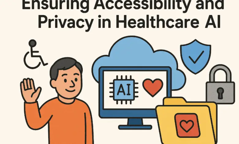 Illustration showing a smiling person waving beside icons representing accessibility, data privacy, and healthcare AI. Text reads: "Ensuring Accessibility and Privacy in Healthcare AI."
