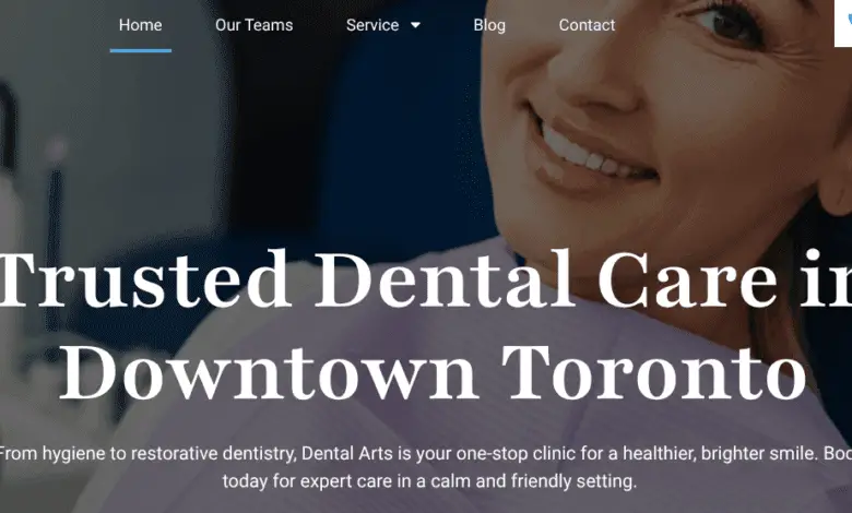 Smiling woman in a dental chair with overlaid text promoting trusted dental care in downtown Toronto.