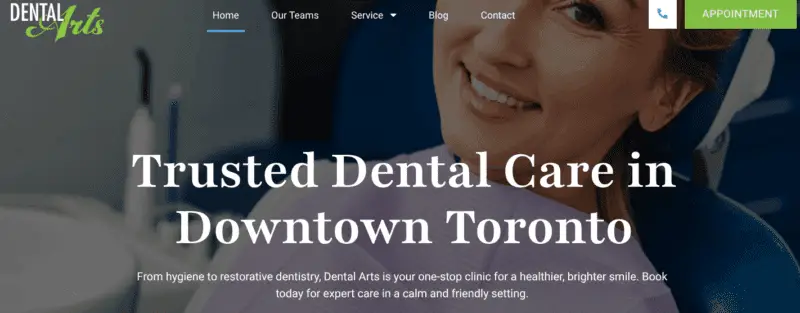 Smiling woman in a dental chair with overlaid text promoting trusted dental care in downtown Toronto.