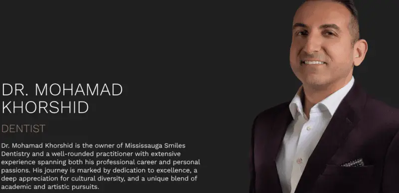 Dr. Mohamad Khorshid, smiling in a dark blazer and white shirt, stands beside text introducing him as a dentist.