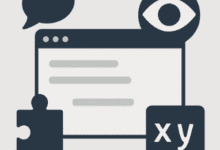 Illustration of a web browser window with symbols for accessibility: a speech bubble, an eye, a puzzle piece, and "xy" text blocks, representing tools for disabled users.
