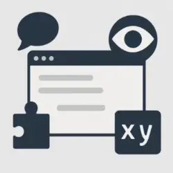 Illustration of a web browser window with symbols for accessibility: a speech bubble, an eye, a puzzle piece, and "xy" text blocks, representing tools for disabled users.