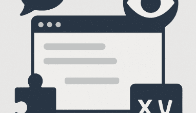 Illustration of a web browser window with symbols for accessibility: a speech bubble, an eye, a puzzle piece, and "xy" text blocks, representing tools for disabled users.