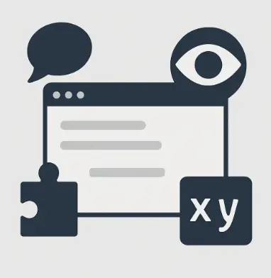 Illustration of a web browser window with symbols for accessibility: a speech bubble, an eye, a puzzle piece, and "xy" text blocks, representing tools for disabled users.