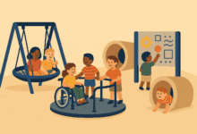 Children of different abilities play together on an inclusive playground with swings, tunnels, a wheelchair-accessible merry-go-round, and an activity panel.