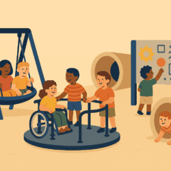 Children of different abilities play together on an inclusive playground with swings, tunnels, a wheelchair-accessible merry-go-round, and an activity panel.