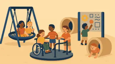 Children of different abilities play together on an inclusive playground with swings, tunnels, a wheelchair-accessible merry-go-round, and an activity panel.