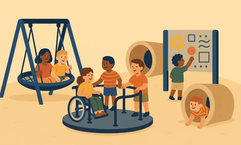 Children of different abilities play together on an inclusive playground with swings, tunnels, a wheelchair-accessible merry-go-round, and an activity panel.
