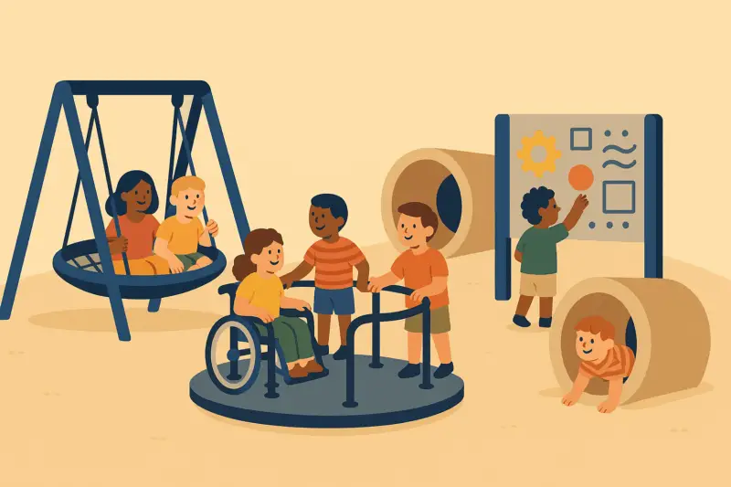 Children of different abilities play together on an inclusive playground with swings, tunnels, a wheelchair-accessible merry-go-round, and an activity panel.