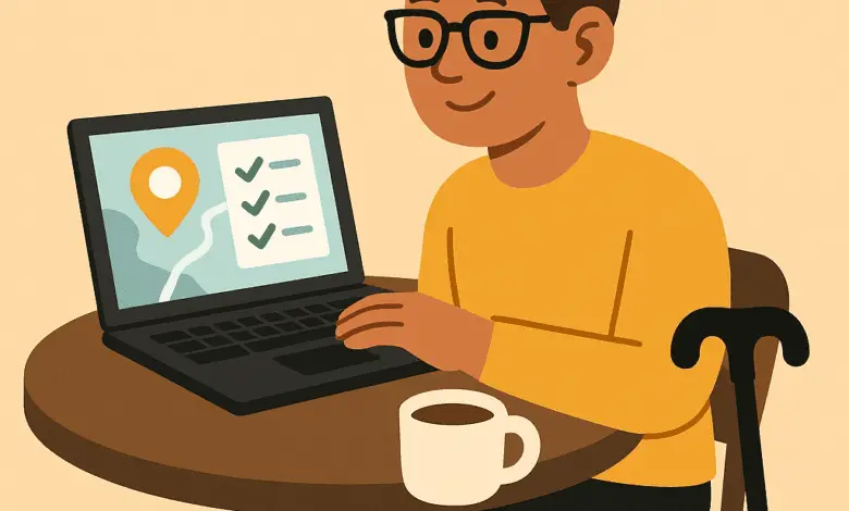 Flat cartoon illustration of a disabled traveler with short brown hair, glasses, and a hearing aid, sitting at a café table with a laptop. A coffee cup sits on the table and a cane leans against the chair. The laptop screen shows a map and a checklist.