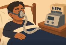 Vibrant realism style cartoon of a man in bed with a cpap machine and a hepa filter