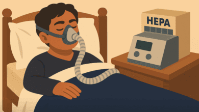 Vibrant realism style cartoon of a man in bed with a cpap machine and a hepa filter
