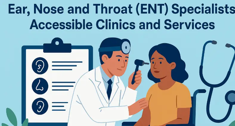 Doctor examines a woman’s ear in a clinic. Text reads: “Ear, Nose and Throat (ENT) Specialists – Accessible Clinics and Services.”