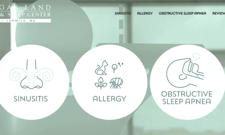 Three icons labeled Sinusitis, Allergy, and Obstructive Sleep Apnea under the Sugar Land ENT & Sleep Center logo.