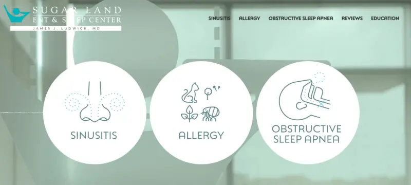 Three icons labeled Sinusitis, Allergy, and Obstructive Sleep Apnea under the Sugar Land ENT & Sleep Center logo.