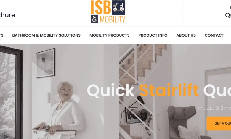 Older woman smiling while using a stairlift in a bright, modern home; text reads “Quick Stairlift Quote – In Just 5 Simple Steps.”
