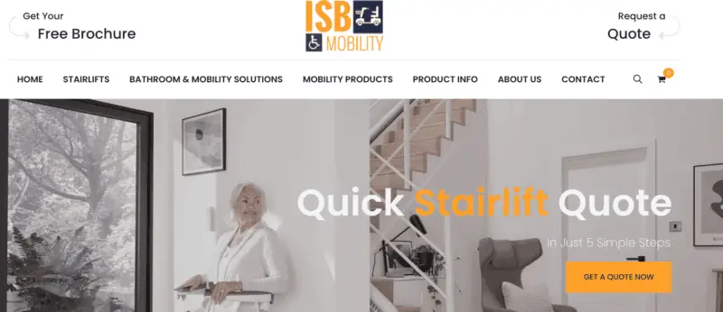 Older woman smiling while using a stairlift in a bright, modern home; text reads “Quick Stairlift Quote – In Just 5 Simple Steps.”
