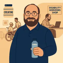 A friendly, flat cartoon illustration showing a middle-aged carer smiling while holding a water bottle with a creatine scoop beside it. Behind them, a subtle split scene shows their dual roles — on one side, helping a disabled family member at home; on the other, working on a laptop at the Disability Horizons Shop.