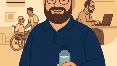 A friendly, flat cartoon illustration showing a middle-aged carer smiling while holding a water bottle with a creatine scoop beside it. Behind them, a subtle split scene shows their dual roles — on one side, helping a disabled family member at home; on the other, working on a laptop at the Disability Horizons Shop.