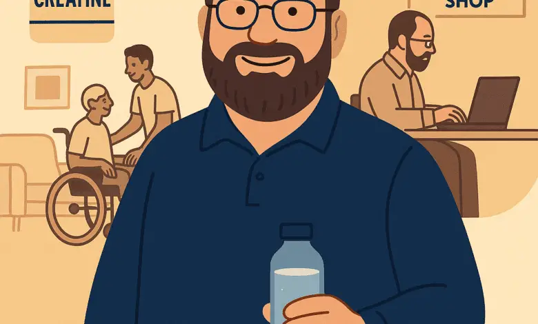 A friendly, flat cartoon illustration showing a middle-aged carer smiling while holding a water bottle with a creatine scoop beside it. Behind them, a subtle split scene shows their dual roles — on one side, helping a disabled family member at home; on the other, working on a laptop at the Disability Horizons Shop.