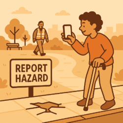 A person using a mobility aid takes a photo of a broken pavement with their phone. A nearby sign says “Report Hazard.” Background includes a public park or town square. A council worker or accessibility officer appears in the distance responding.