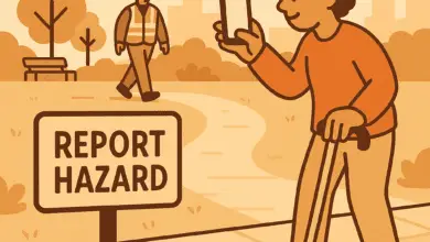 A person using a mobility aid takes a photo of a broken pavement with their phone. A nearby sign says “Report Hazard.” Background includes a public park or town square. A council worker or accessibility officer appears in the distance responding.