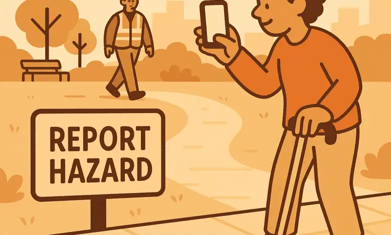 A person using a mobility aid takes a photo of a broken pavement with their phone. A nearby sign says “Report Hazard.” Background includes a public park or town square. A council worker or accessibility officer appears in the distance responding.