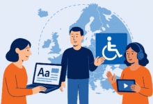 Three people share accessible content in front of a map of Europe, with icons for text, video, and disability access.