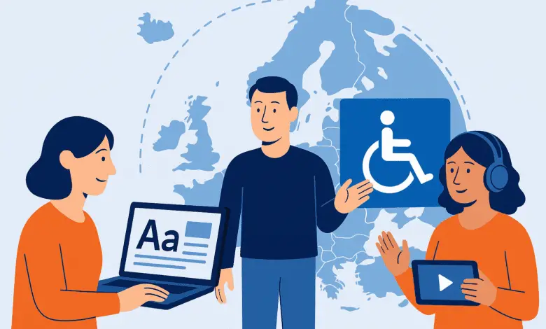 Three people share accessible content in front of a map of Europe, with icons for text, video, and disability access.
