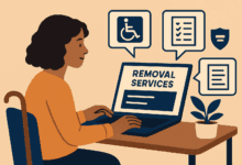 Flat cartoon scene of a disabled person at a desk comparing removal services on a laptop, surrounded by icons showing ramps, checklists, and insurance papers.