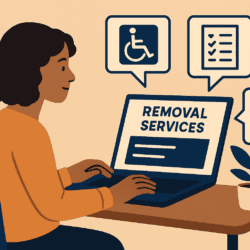 Flat cartoon scene of a disabled person at a desk comparing removal services on a laptop, surrounded by icons showing ramps, checklists, and insurance papers.
