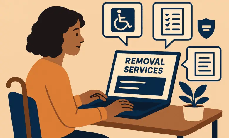 Flat cartoon scene of a disabled person at a desk comparing removal services on a laptop, surrounded by icons showing ramps, checklists, and insurance papers.
