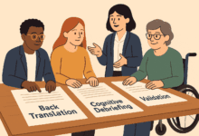 Simplified cartoon of translators, researchers, and disabled advocates working together around a table with papers labeled “Back Translation,” “Cognitive Debriefing,” and “Validation.” Friendly, inclusive tone using brand colors.