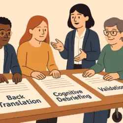 Simplified cartoon of translators, researchers, and disabled advocates working together around a table with papers labeled “Back Translation,” “Cognitive Debriefing,” and “Validation.” Friendly, inclusive tone using brand colors.