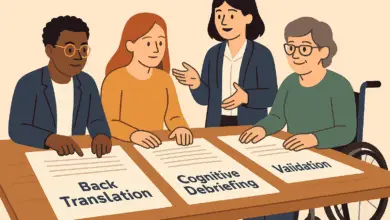 Simplified cartoon of translators, researchers, and disabled advocates working together around a table with papers labeled “Back Translation,” “Cognitive Debriefing,” and “Validation.” Friendly, inclusive tone using brand colors.