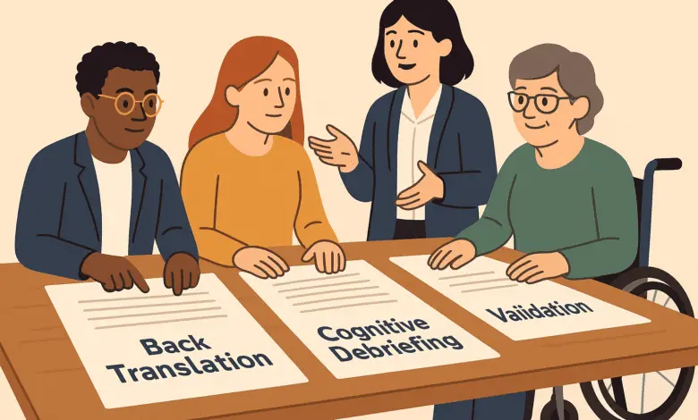 Simplified cartoon of translators, researchers, and disabled advocates working together around a table with papers labeled “Back Translation,” “Cognitive Debriefing,” and “Validation.” Friendly, inclusive tone using brand colors.