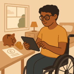 cartoon image: A student reviews finances on a tablet while sitting in an accessible dorm room. A piggy bank, coins, and bursary forms (shown as blank icons, no text) represent planning and budgeting. The student looks content and focused, surrounded by everyday study essentials.