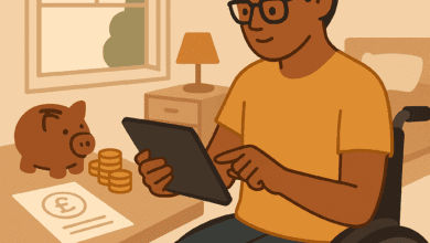 cartoon image: A student reviews finances on a tablet while sitting in an accessible dorm room. A piggy bank, coins, and bursary forms (shown as blank icons, no text) represent planning and budgeting. The student looks content and focused, surrounded by everyday study essentials.